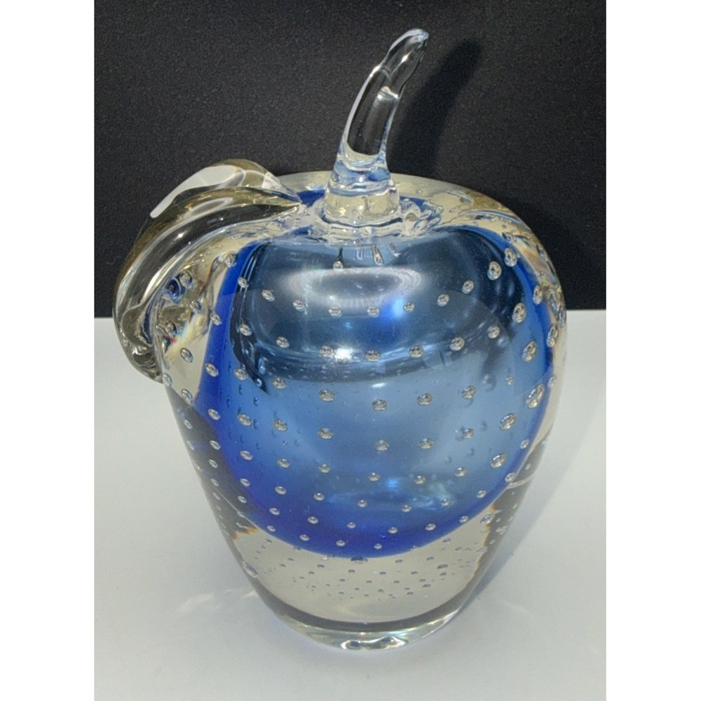 Murano Bullicante Blue Glass Apple 4.25 Controlled Bubble Vintage